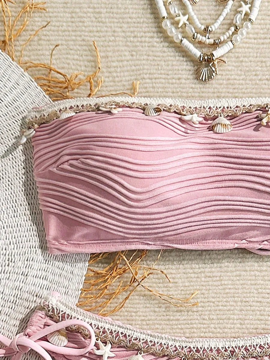 Sonlae Women's 2 Pc strapless wavy swimwear set with seashell trim