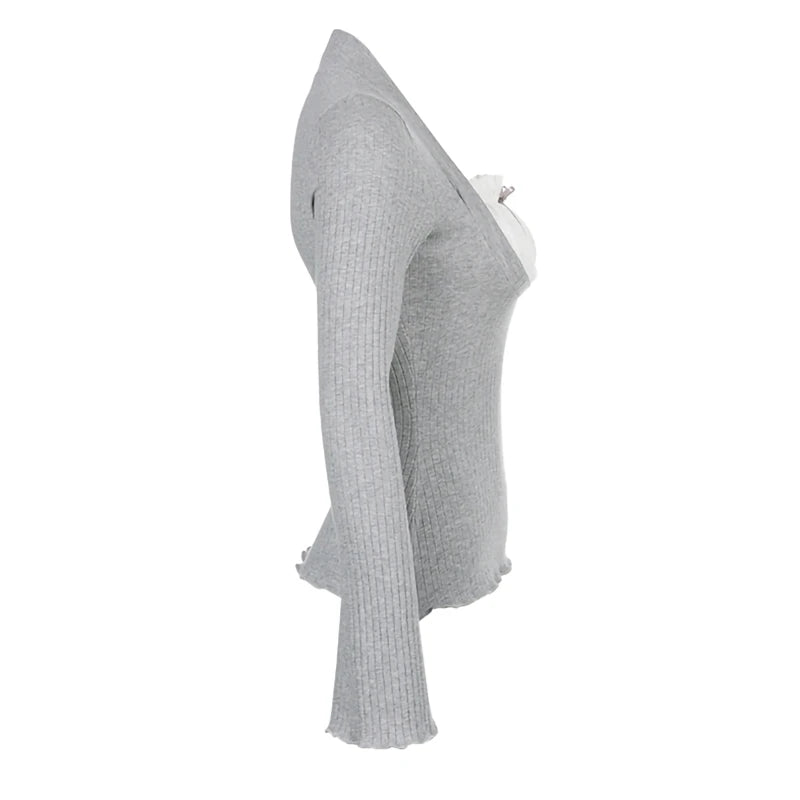 Lomi3 Women’s Y2K ribbed flare sleeve shirt with bow detailing