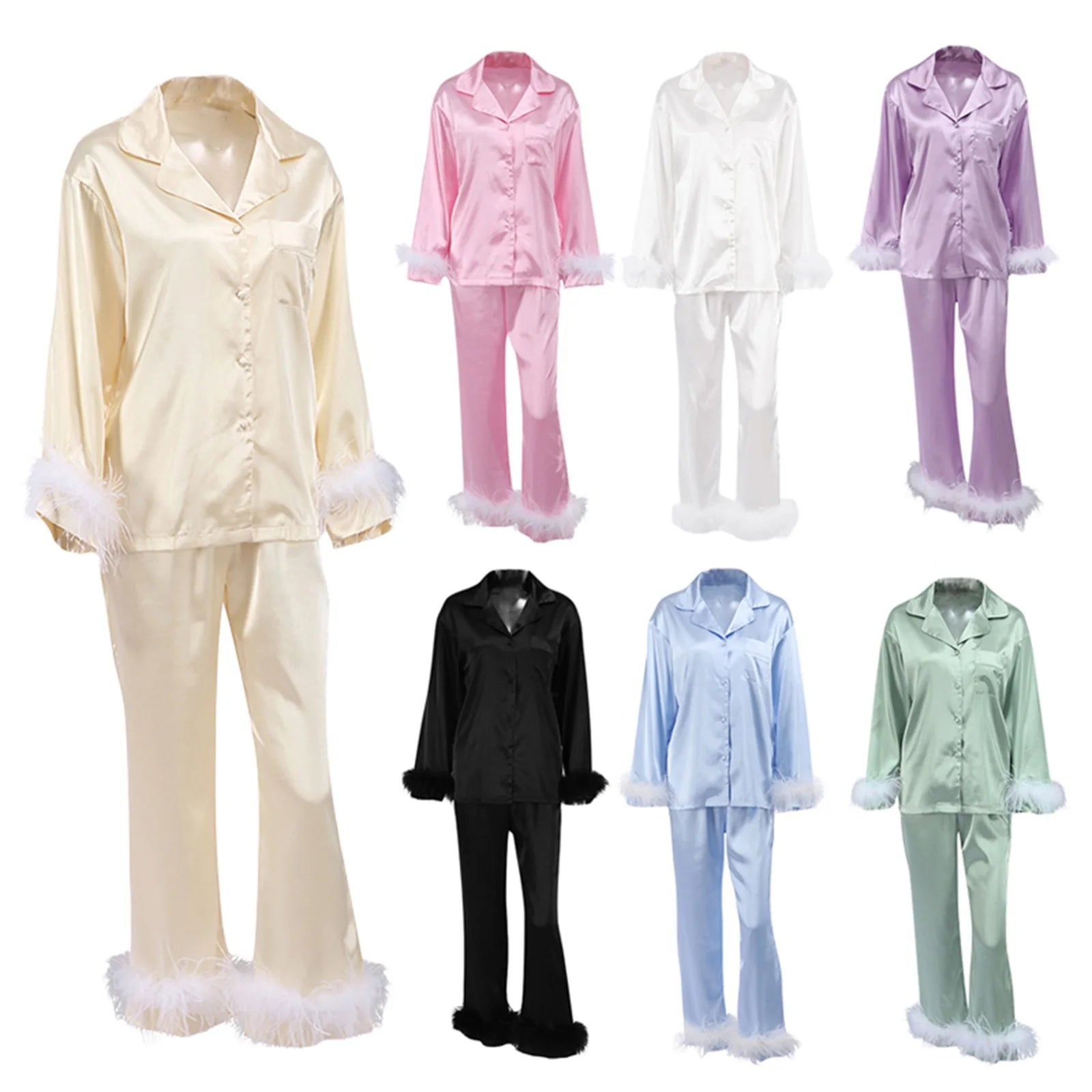 Veloura luxury 2 Pc satin pajamas with faux fur trim