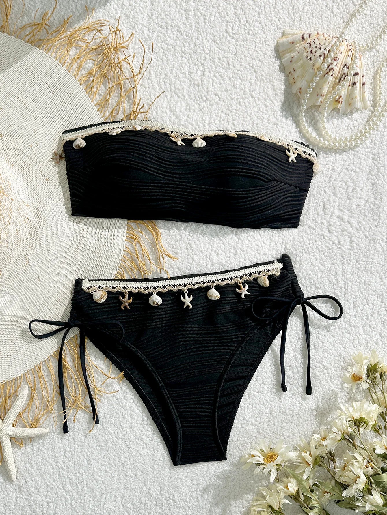 Sonlae Women's 2 Pc strapless wavy swimwear set with seashell trim