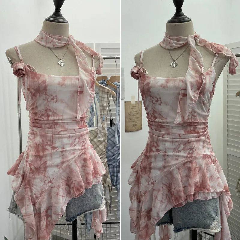 Lomi3 Women's Y2K one size mesh lettuce hem top