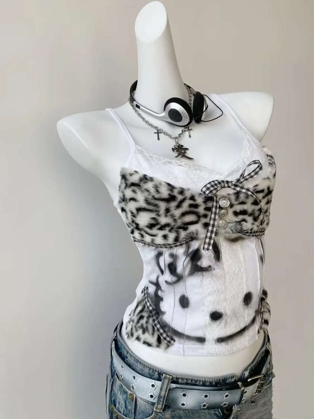 Hello Kitty Y2K leopard x lace patch work tank