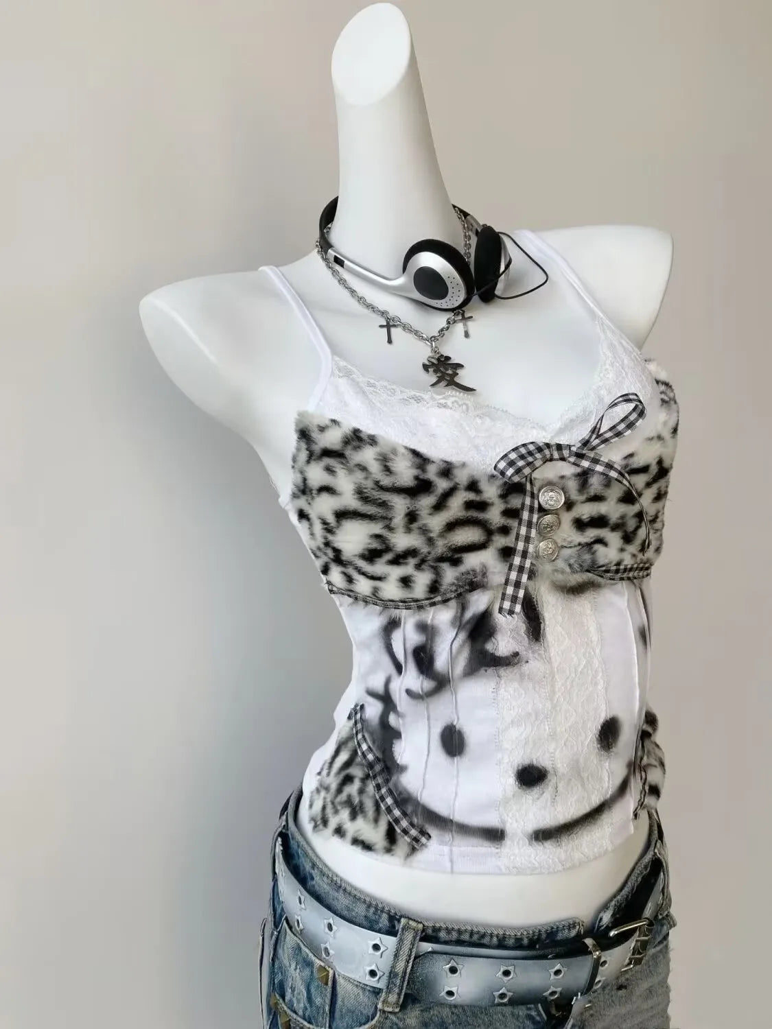 Hello Kitty Y2K leopard x lace patch work tank