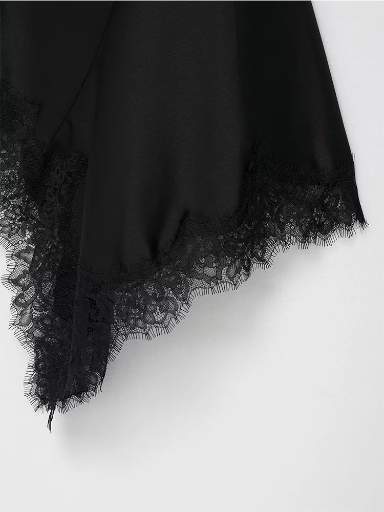 Sorelle Women's slanted satin halter dress with lace trim