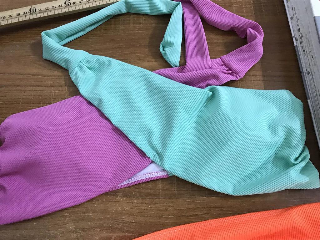 Sonlae Women's 2 Pc multicolor x cross strap patch swimwear set