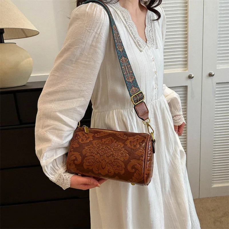 Kora retro flower embossed cylinder bag
