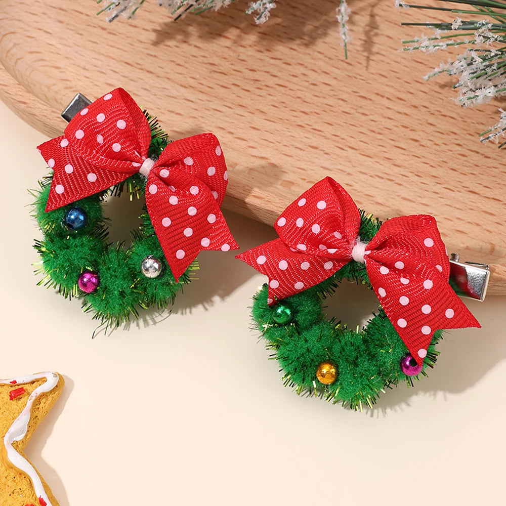 Hollyco Christmas Girl's 2 Pc wreath bow hair clips