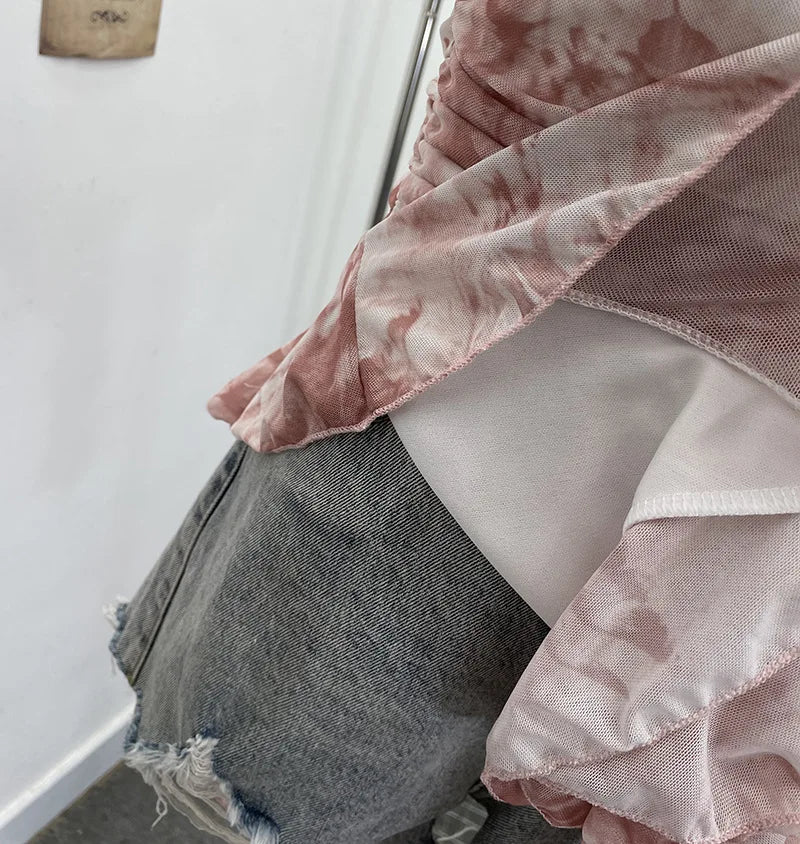 Lomi3 Women's Y2K one size mesh lettuce hem top