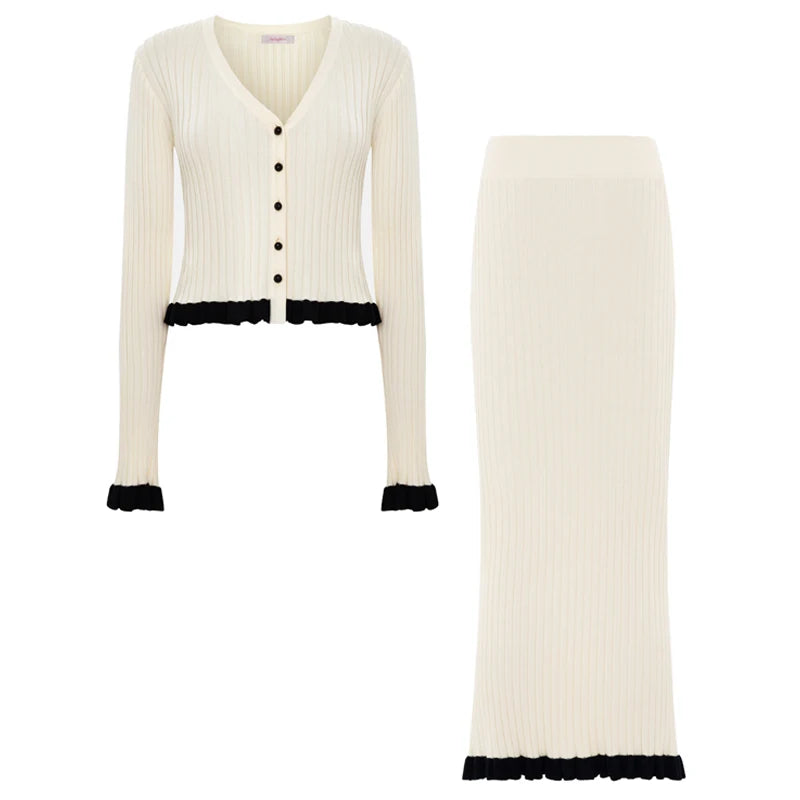 Sorelle Women's 2 Pc knit cardigan and flare hem skirt set