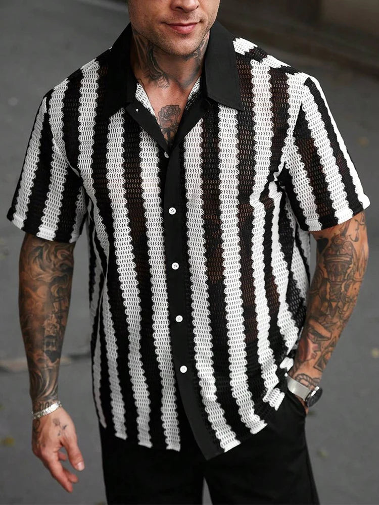 Arden Men's crochet striped button down shirt