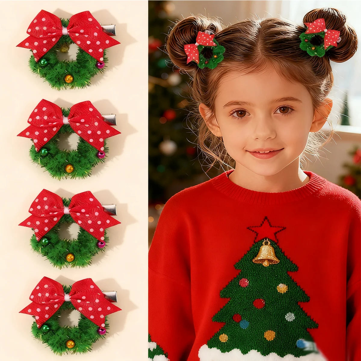 Hollyco Christmas Girl's 2 Pc wreath bow hair clips