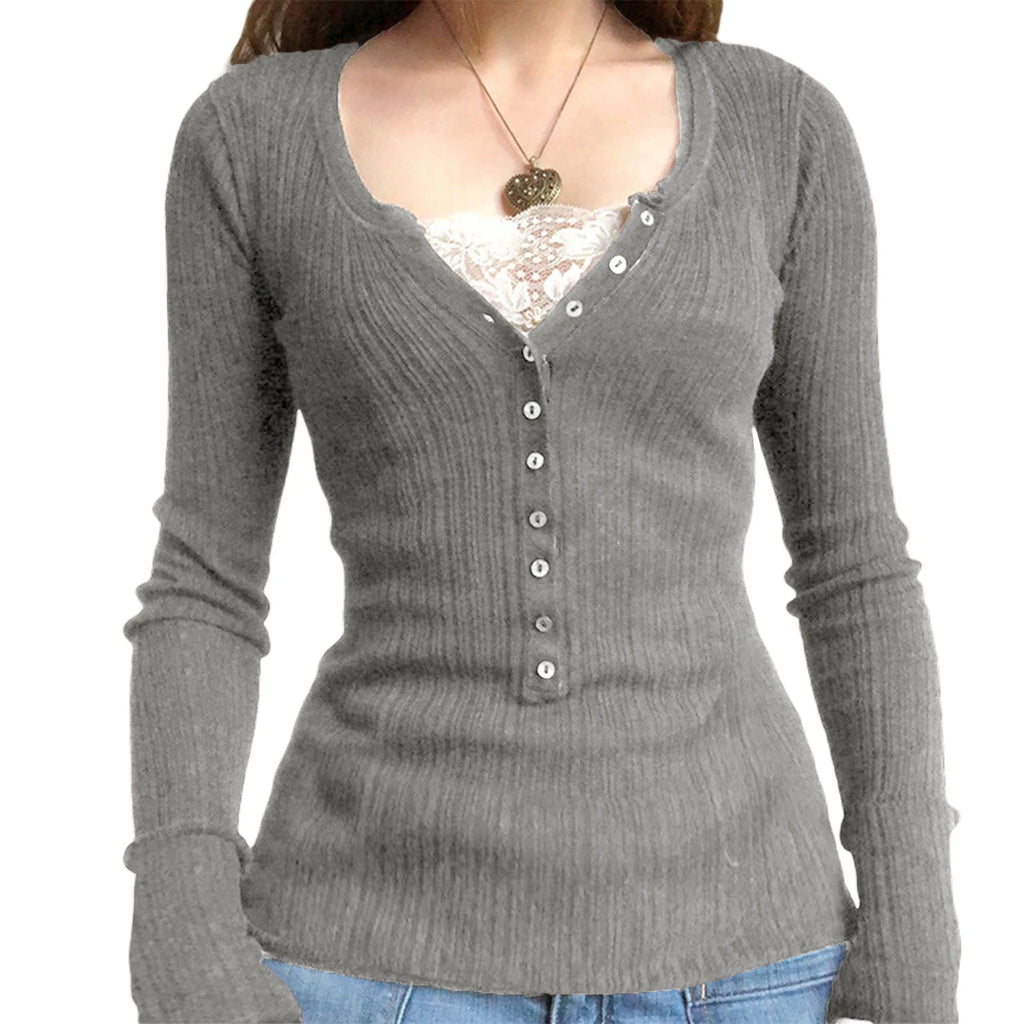 Lomi3 Women's Y2K button up long sleeve knit top with lace detailing