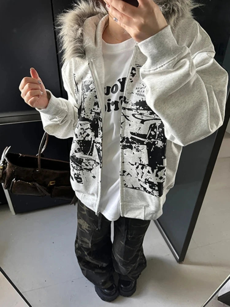 Lomi3 Women's Y2K grunge graphic hoodie with faux fur trim