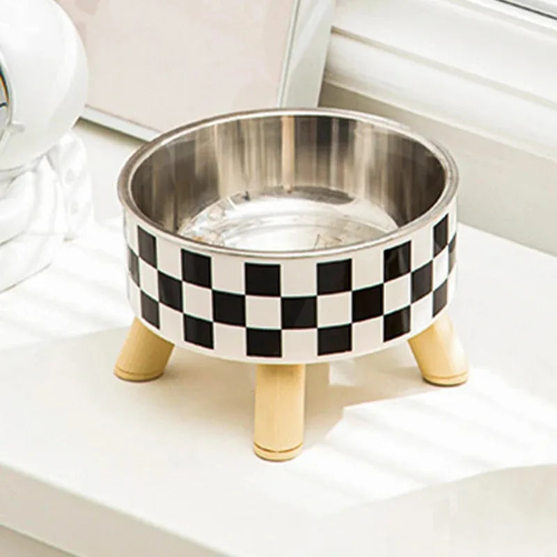 Nomu elevated steel checker pet bowl with wooden legs
