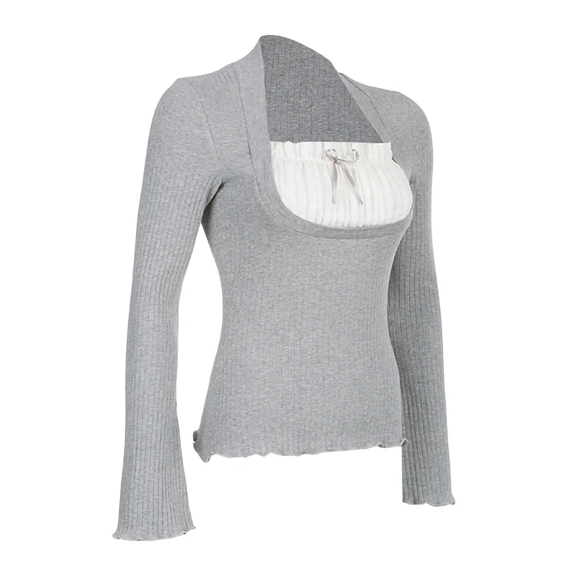 Lomi3 Women’s Y2K ribbed flare sleeve shirt with bow detailing