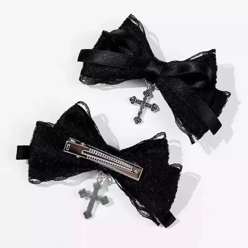Nocturne Women's 4 Pc gothic cross hair bow clips