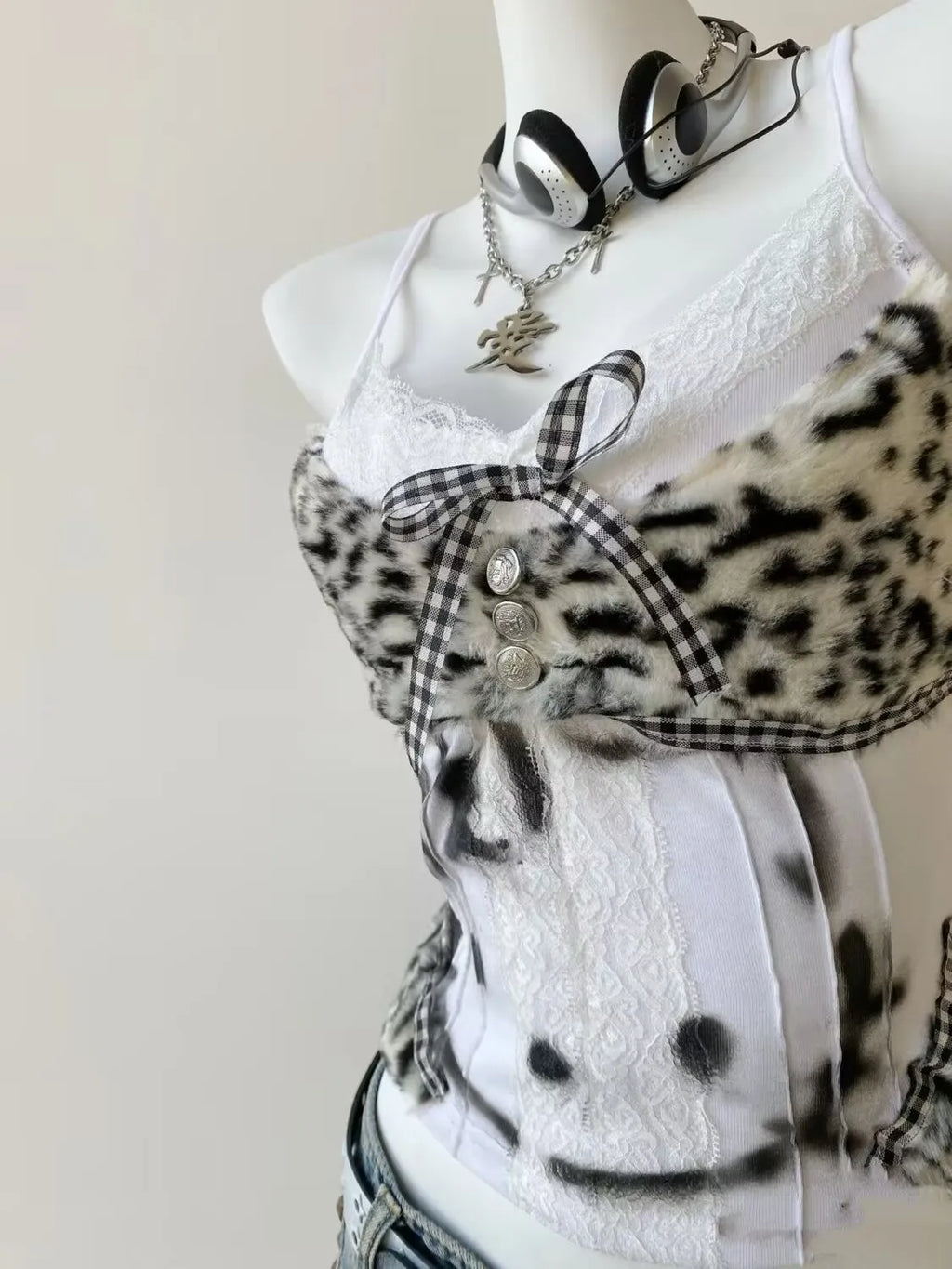 Hello Kitty Y2K leopard x lace patch work tank