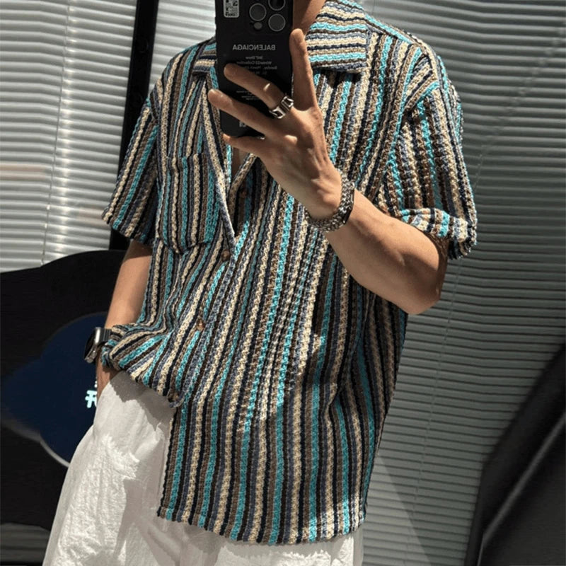 Arden Men's crochet multicolor striped button down shirt
