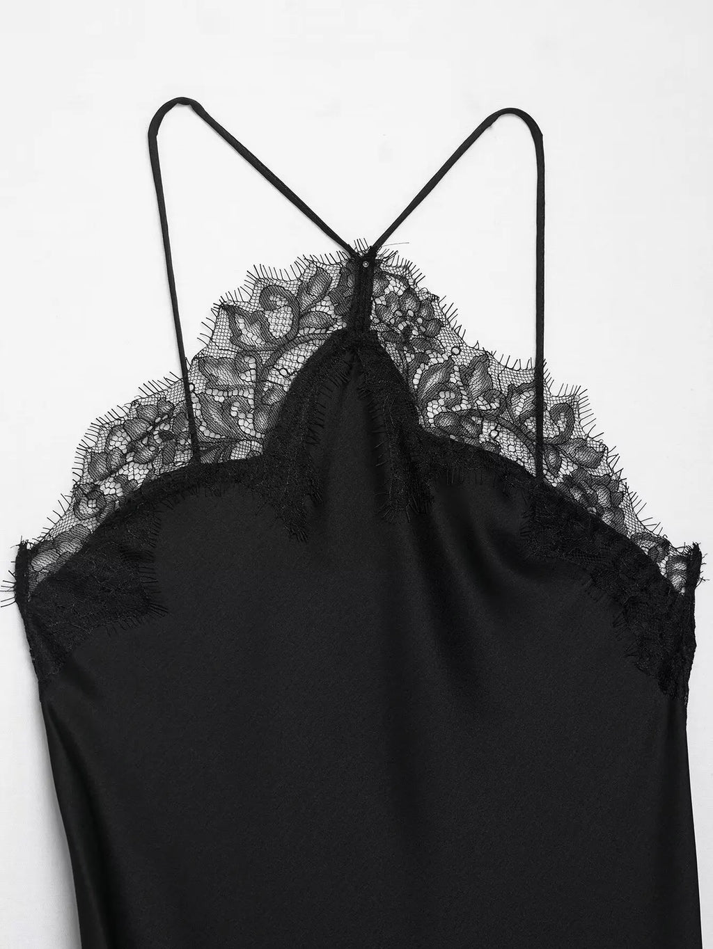 Sorelle Women's slanted satin halter dress with lace trim