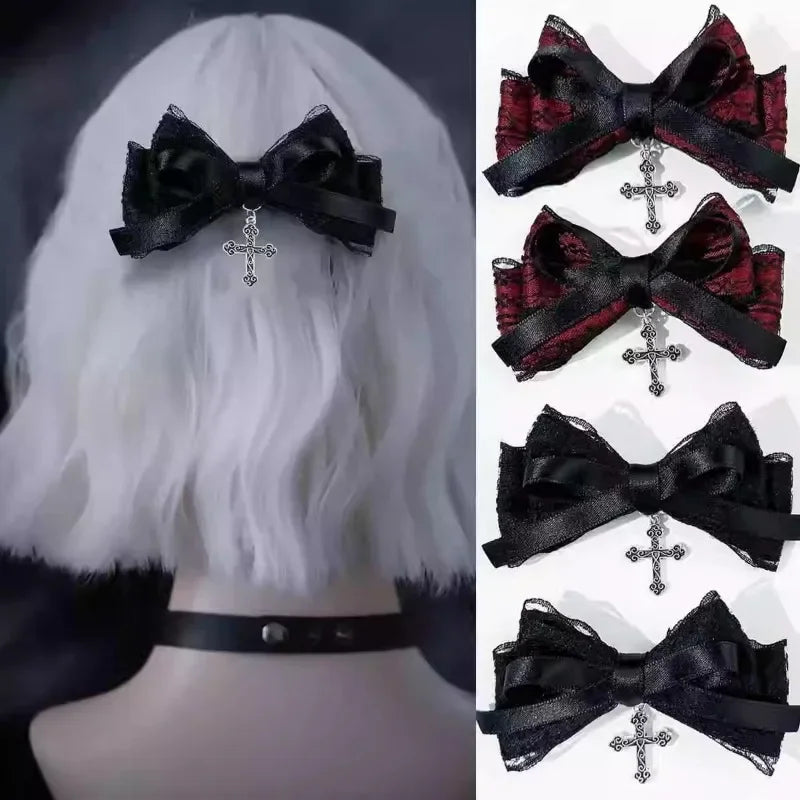 Nocturne Women's 4 Pc gothic cross hair bow clips