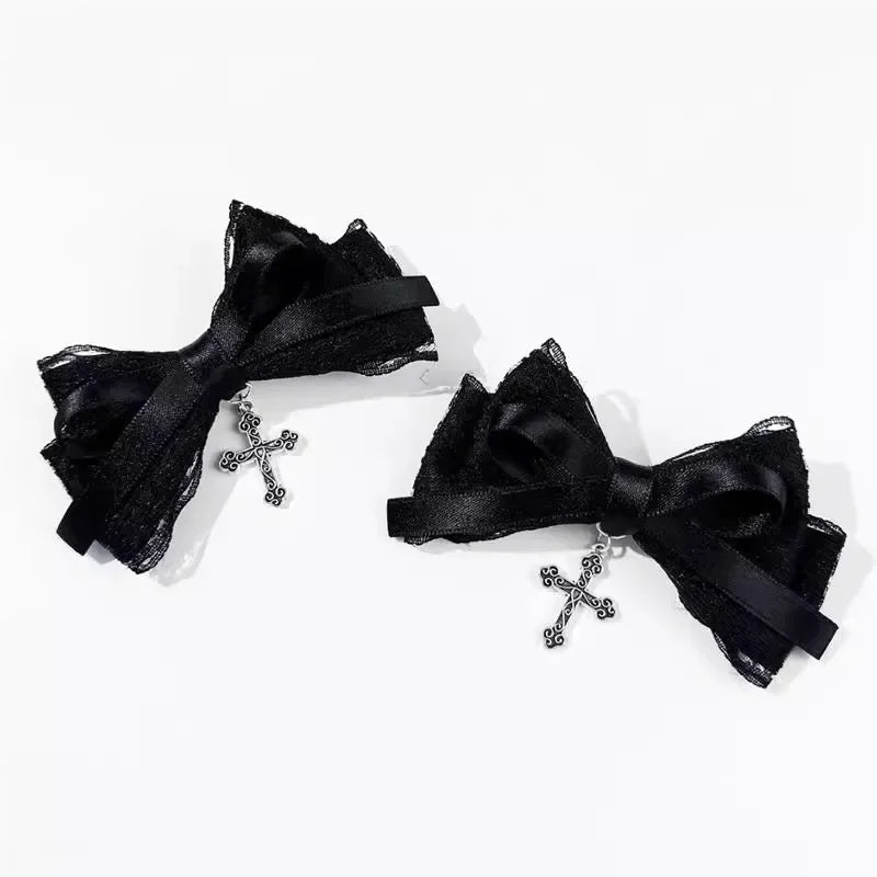 Nocturne Women's 4 Pc gothic cross hair bow clips