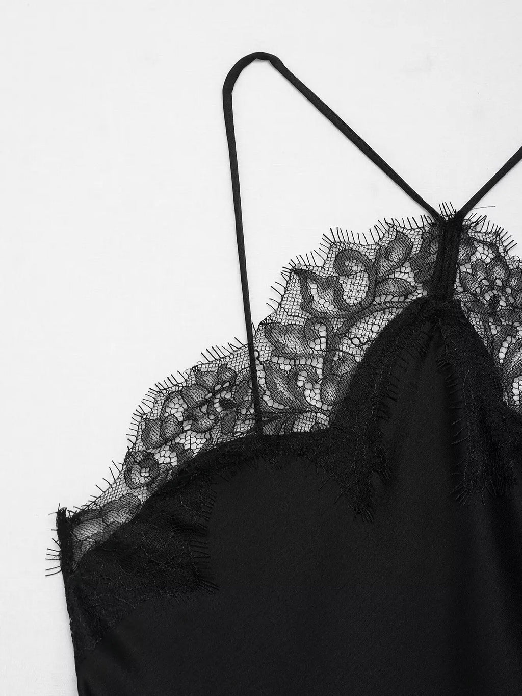 Sorelle Women's slanted satin halter dress with lace trim