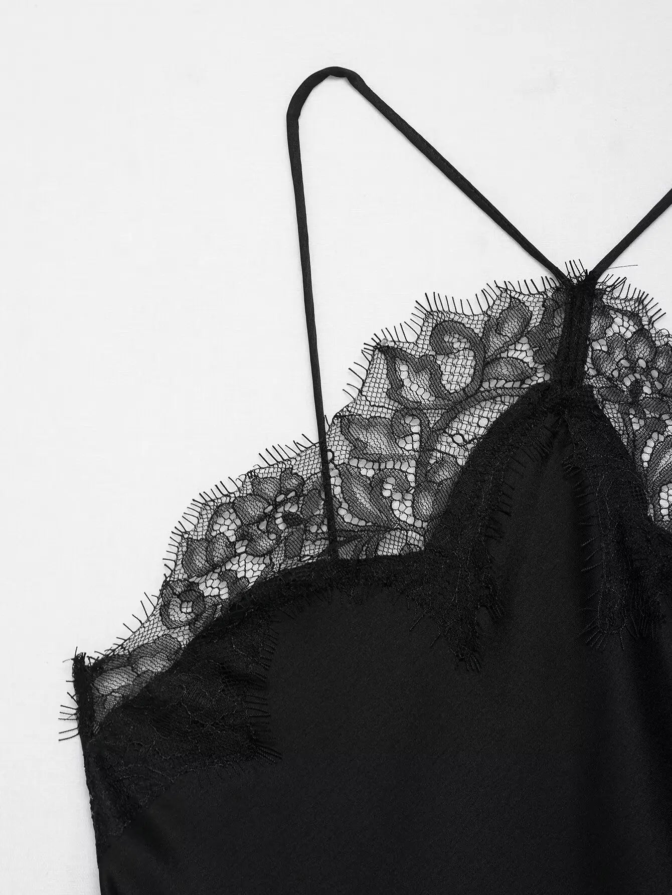 Sorelle Women's slanted satin halter dress with lace trim