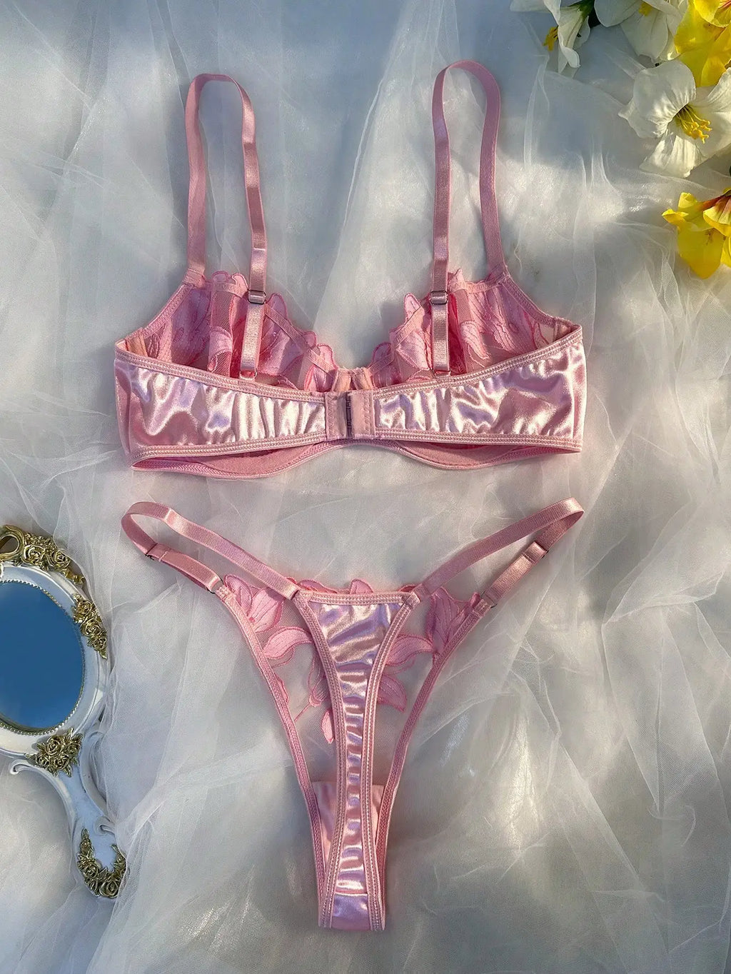 Sorelle Women's 2 Pc pink satin hollow out floral mesh lingerie set