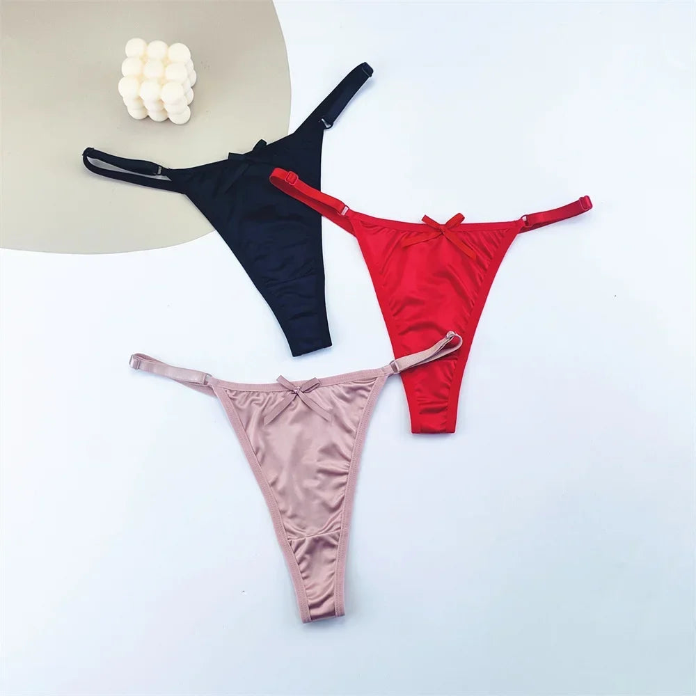Sorelle Women's 3 Pc adjustable solid satin thong with bow detail