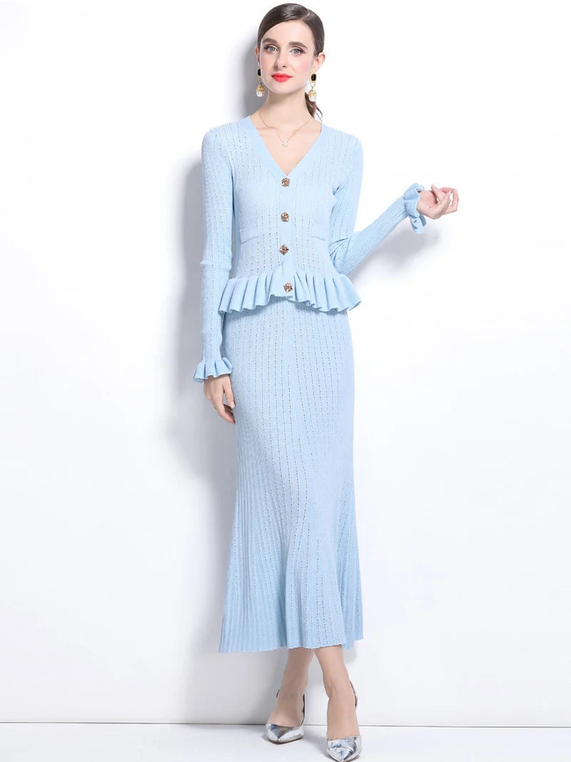 Sorelle Women's 2 Pc knit cardigan and flare hem skirt set