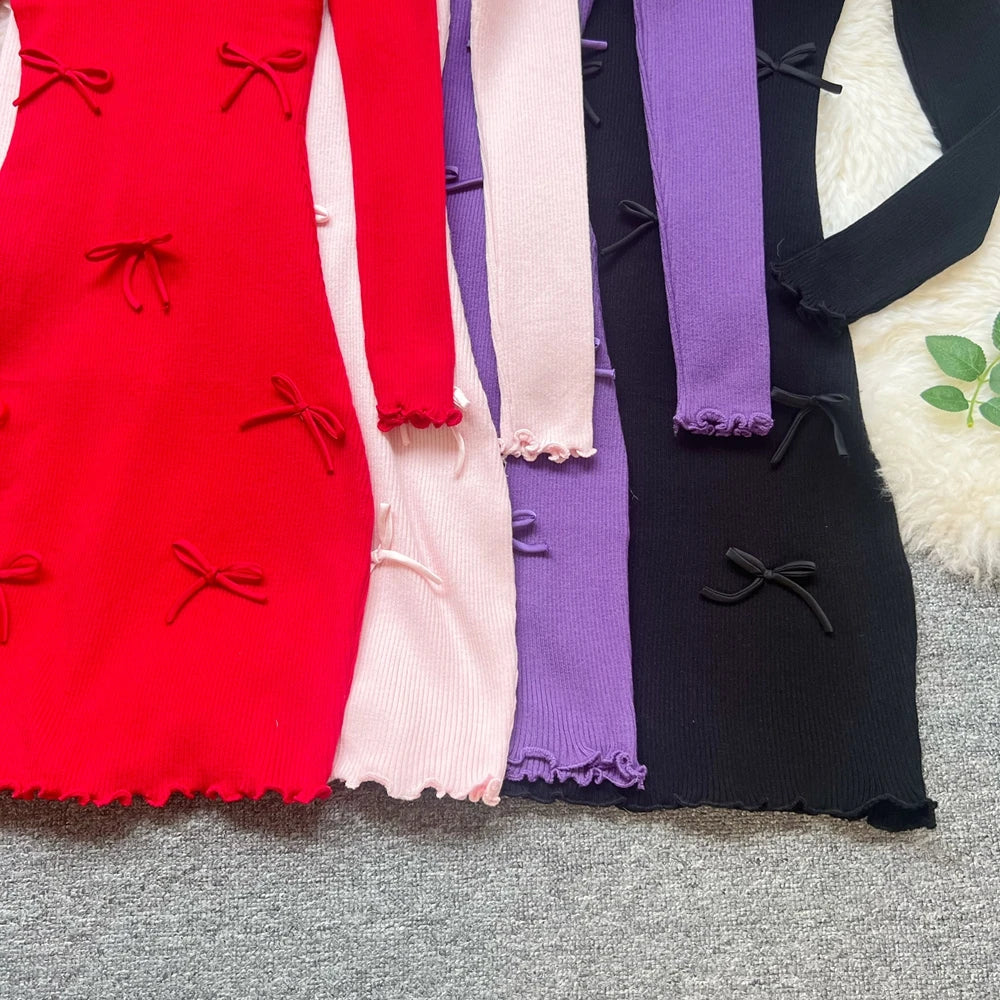 Sorelle Women's knitted ruffle hem dress with bow accents