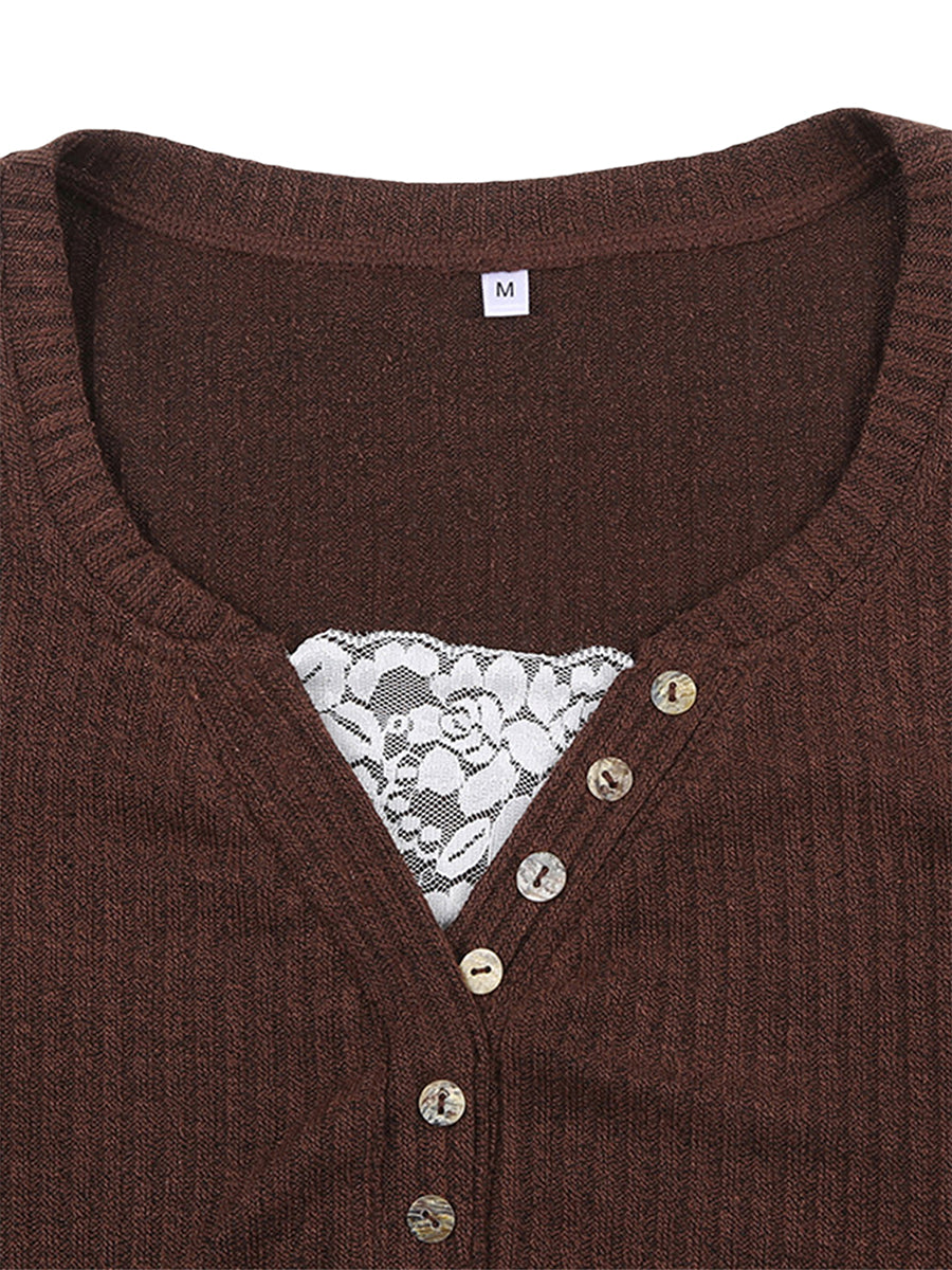 Lomi3 Women's Y2K button up long sleeve knit top with lace detailing