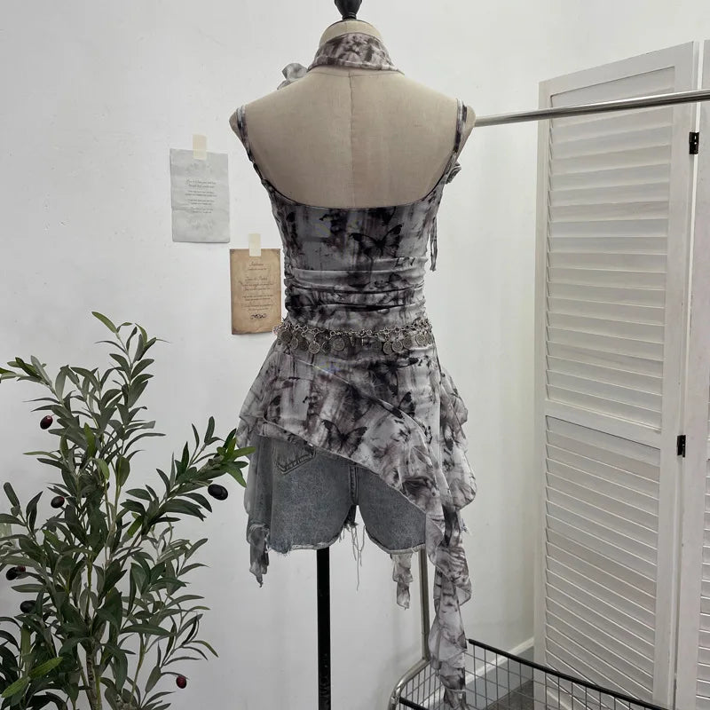 Lomi3 Women's Y2K one size mesh lettuce hem top