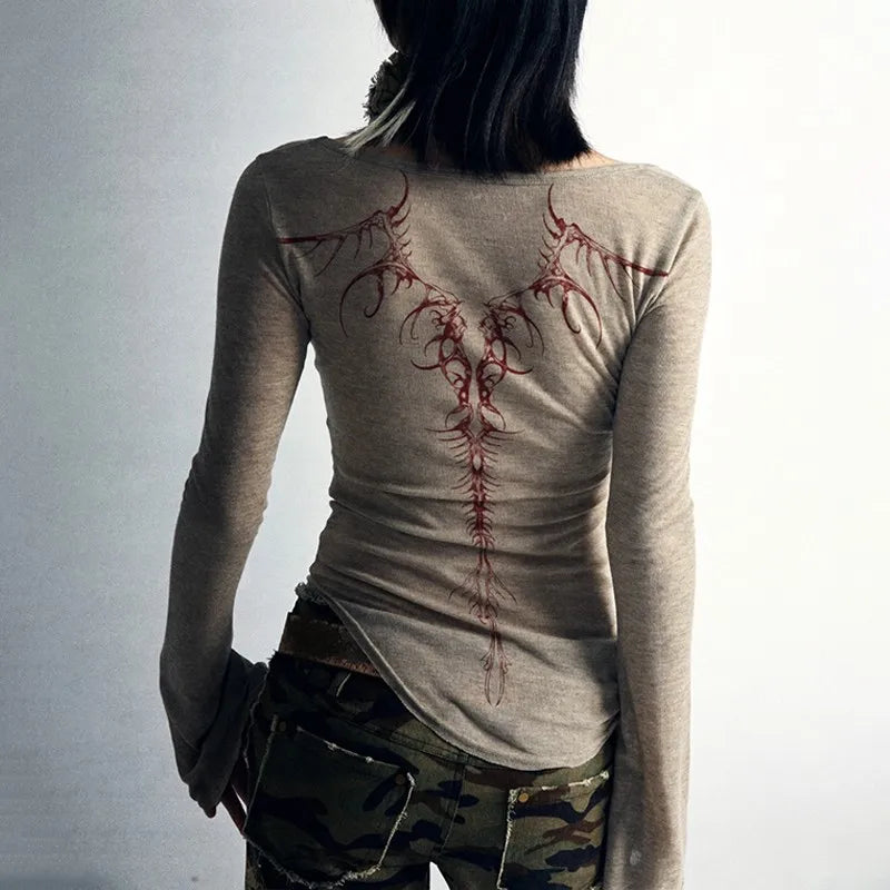 Lomi3 Women's grunge tattoo back flare long sleeve top