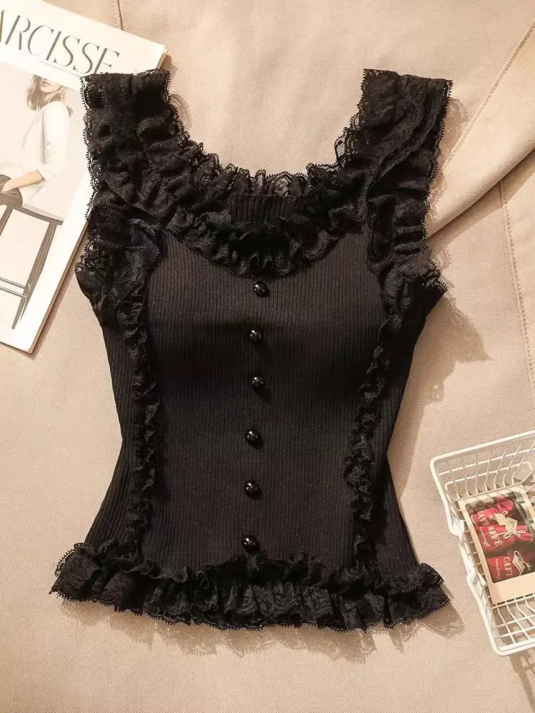 Sorelle Women's stretchy coquette tank with lace trim