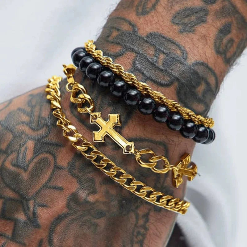 Valor Men's 4 Pc cross chain bead bracelet set