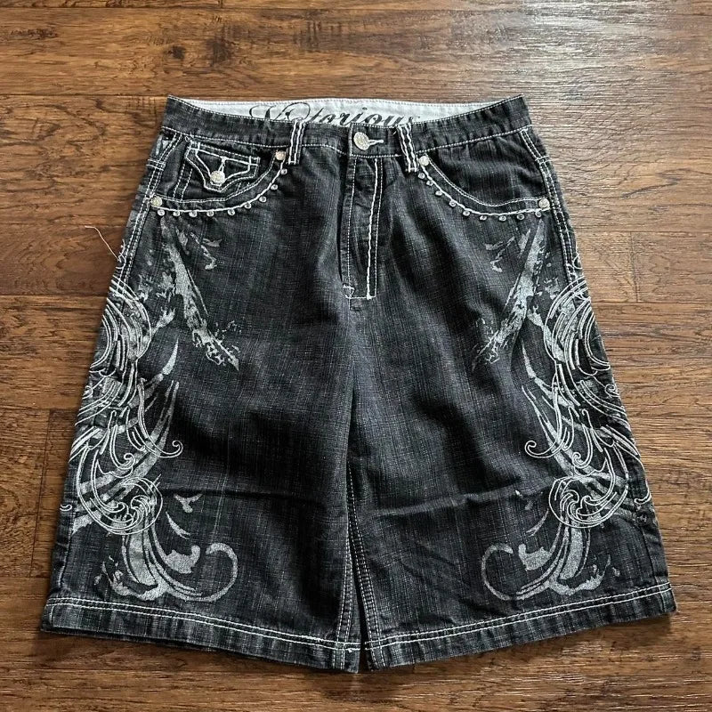 Lomi3 Women's Y2K grunge cross embroider denim shorts