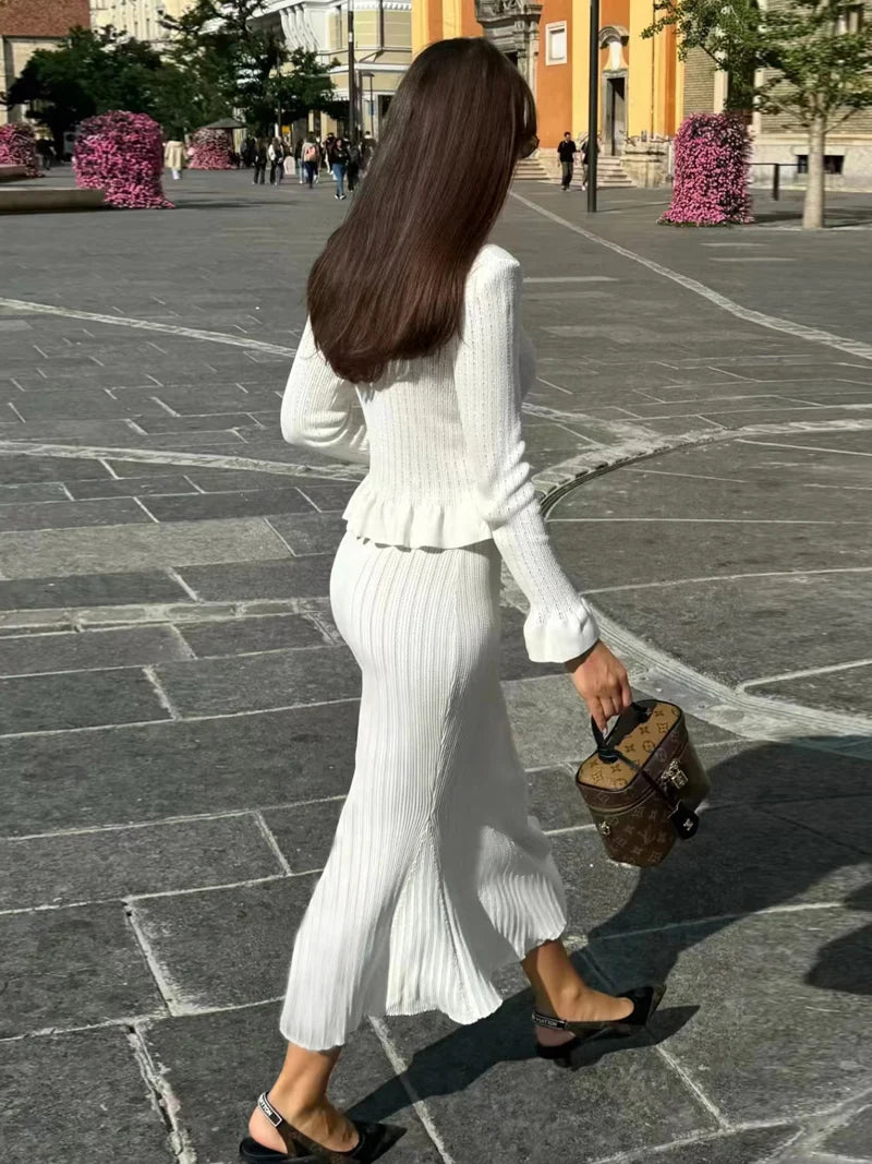 Sorelle Women's 2 Pc knit cardigan and flare hem skirt set