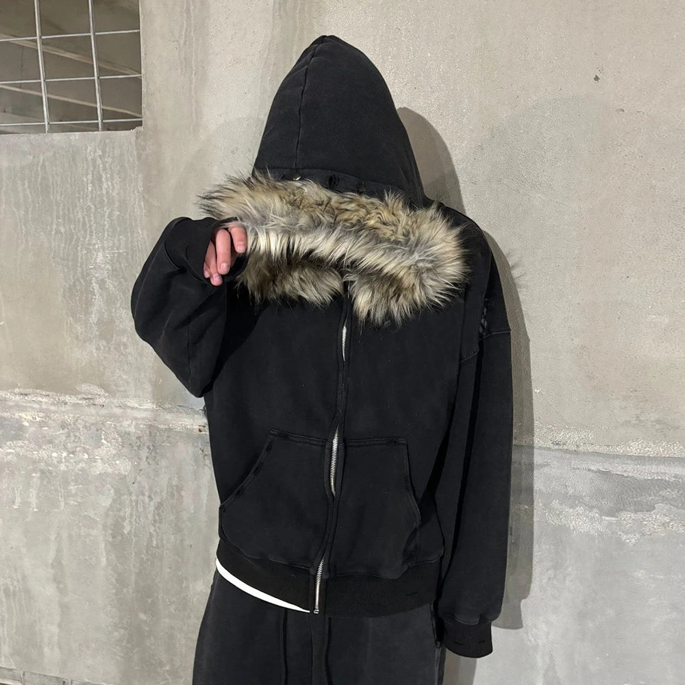 Lomi3 Y2K Men's zip up hoodie with faux fur trim