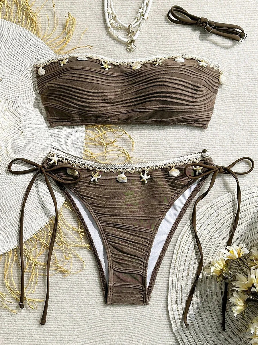 Sonlae Women's 2 Pc strapless wavy swimwear set with seashell trim