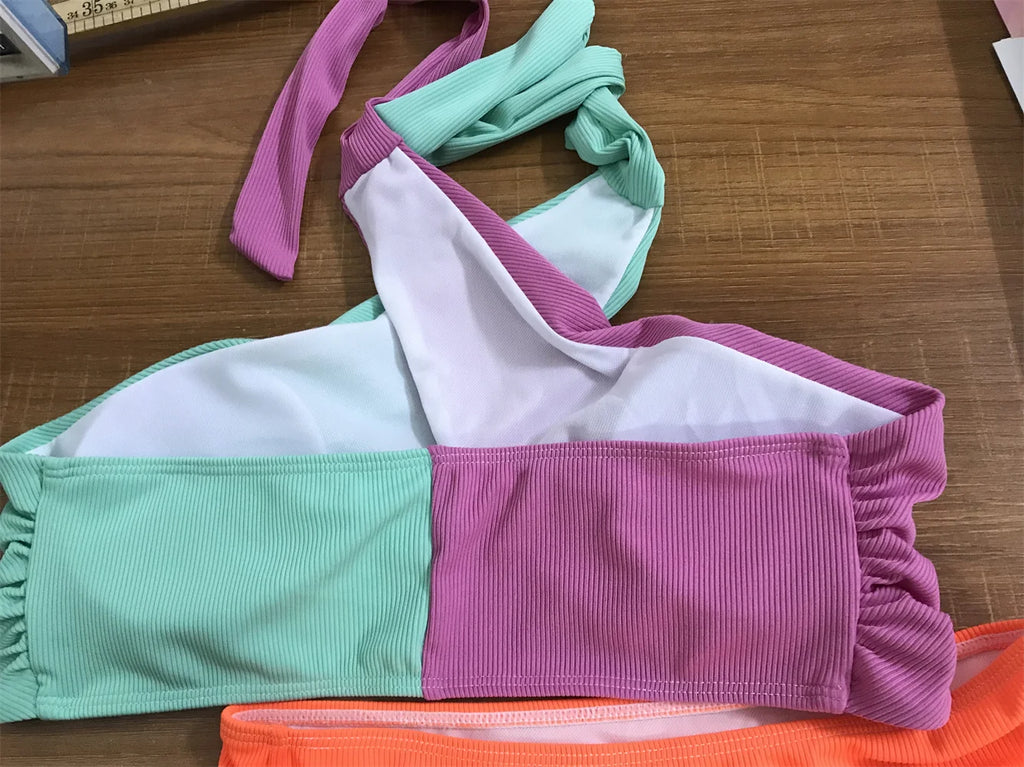 Sonlae Women's 2 Pc multicolor x cross strap patch swimwear set