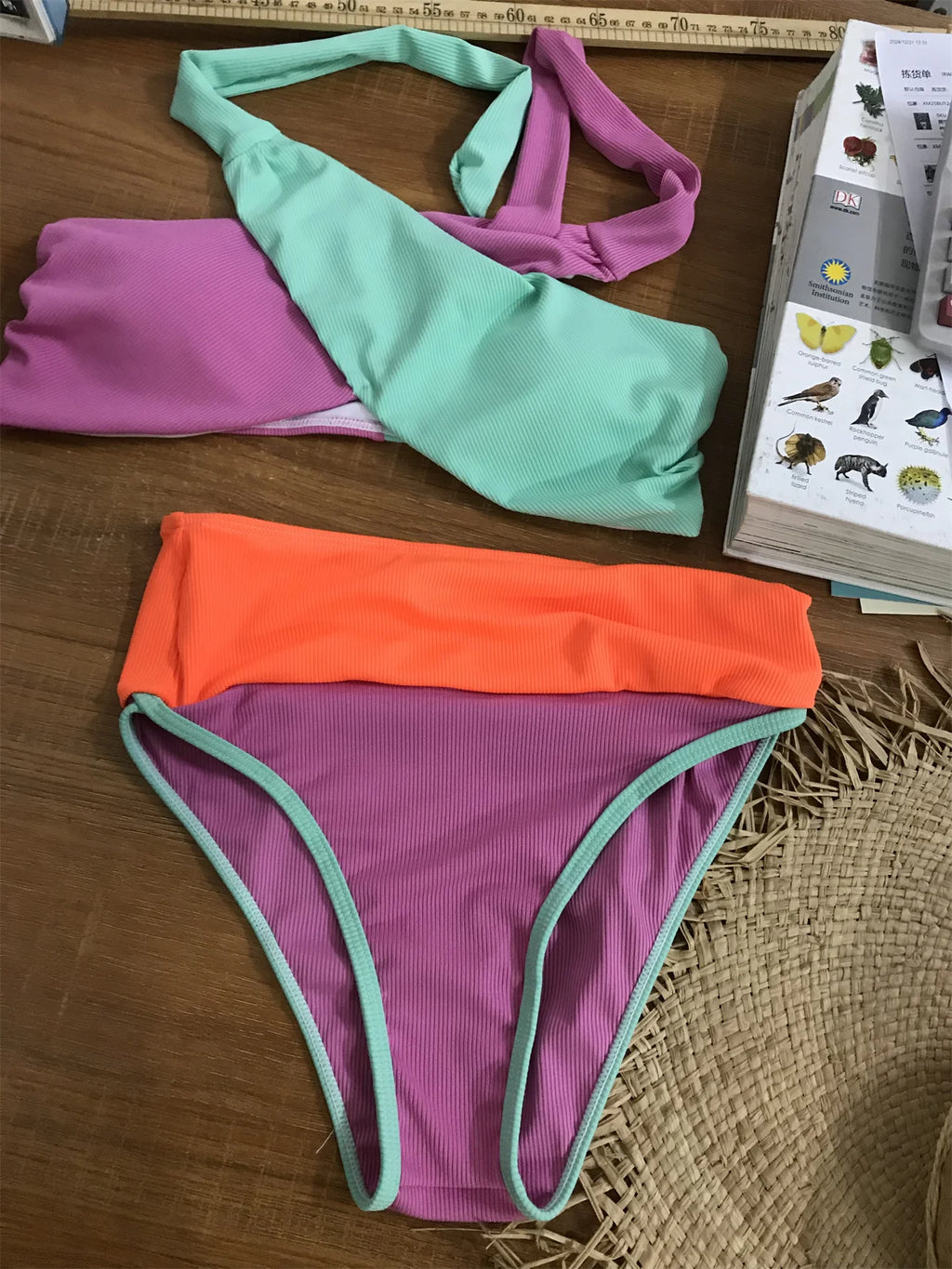 Sonlae Women's 2 Pc multicolor x cross strap patch swimwear set