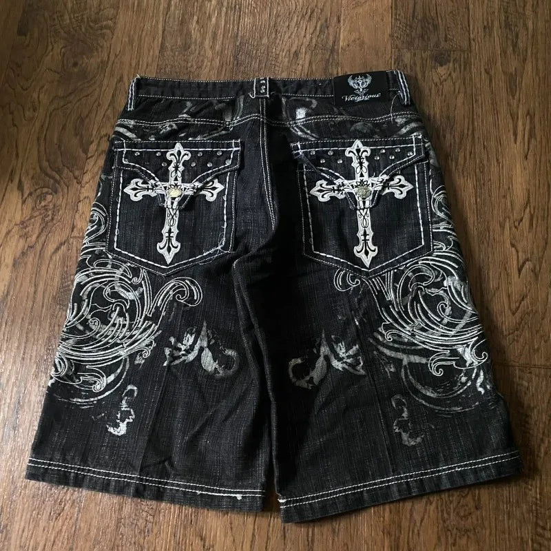 Lomi3 Women's Y2K grunge cross embroider denim shorts