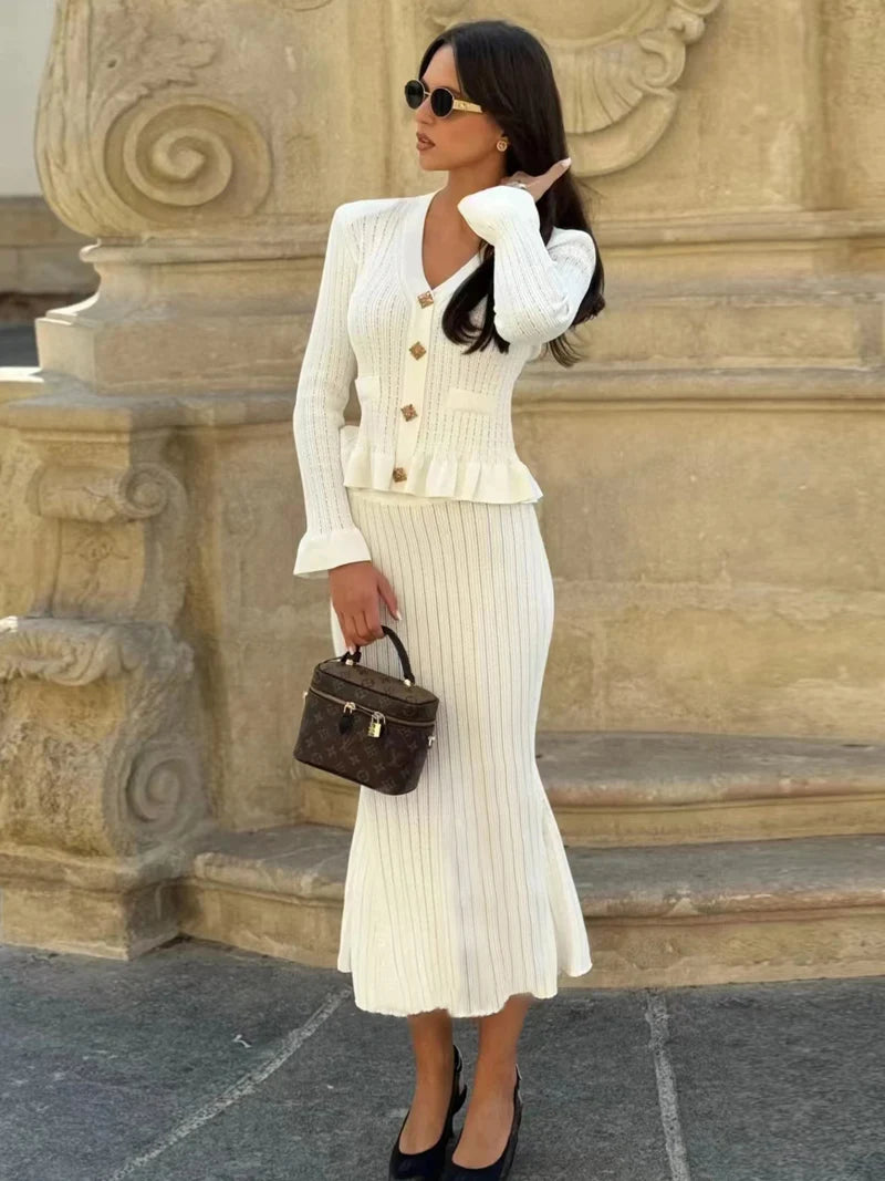 Sorelle Women's 2 Pc knit cardigan and flare hem skirt set