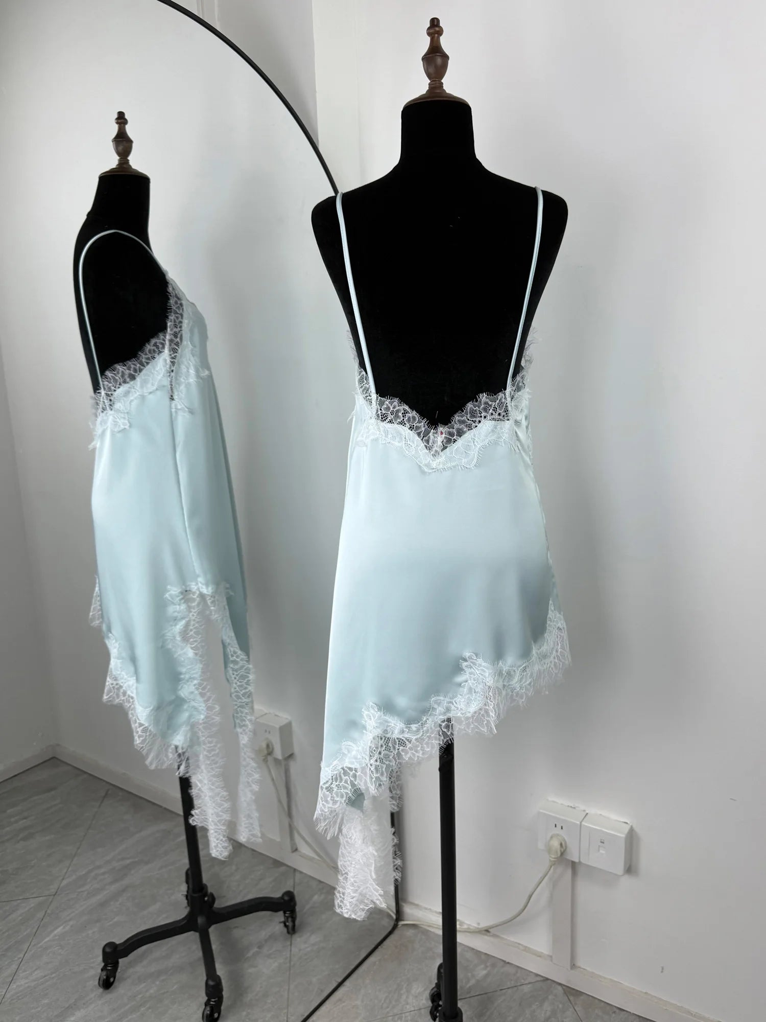 Sorelle Women's slanted satin night gown with lace trim