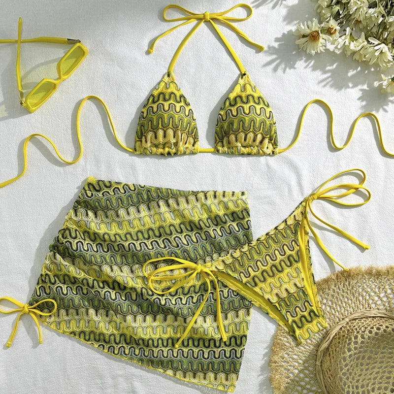 Sonlae Women's 3 Pc woven geometric swimwear set