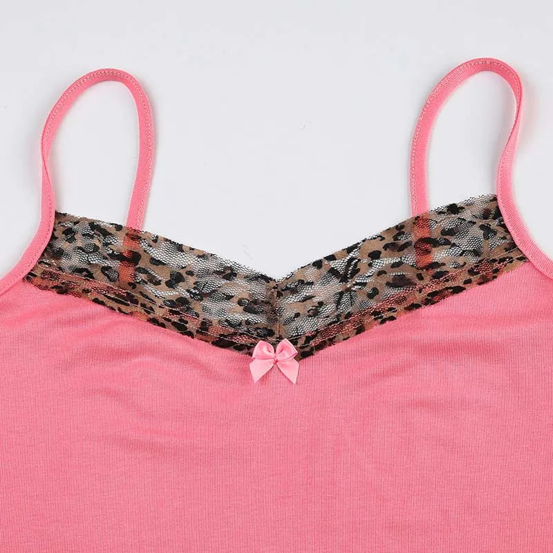 Lomi3 Y2K pink tank with lace leopard trim
