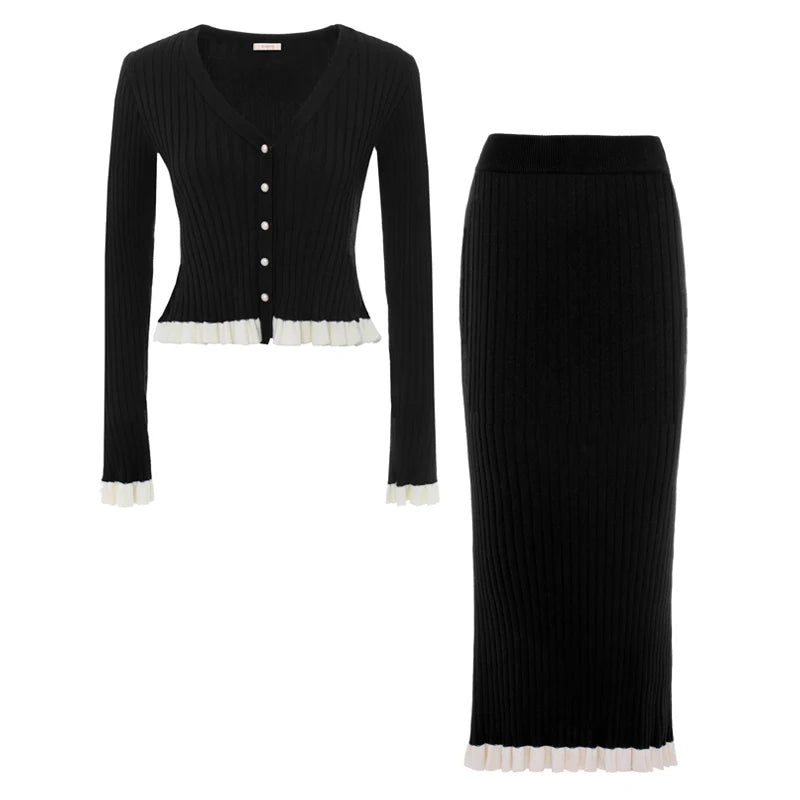 Sorelle Women's 2 Pc knit cardigan and flare hem skirt set