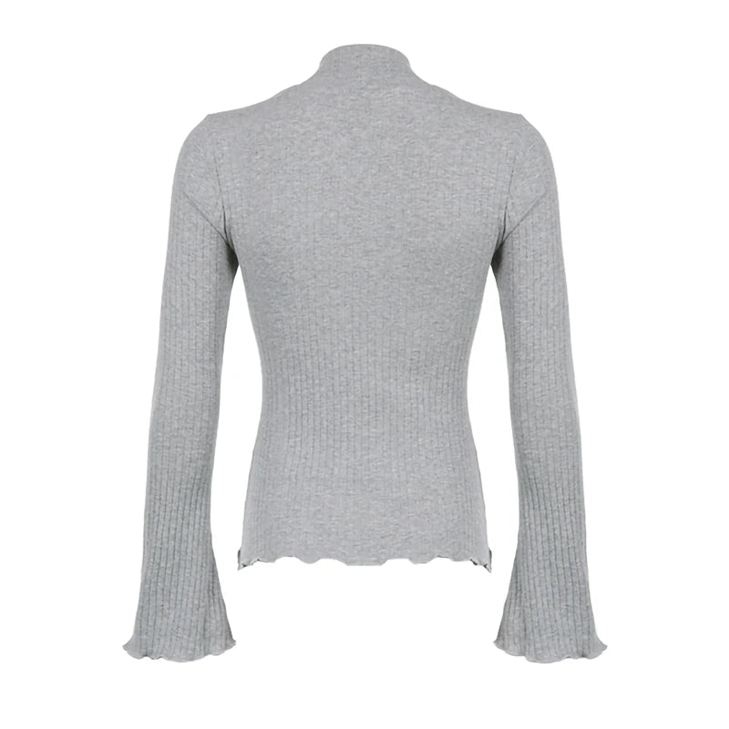 Lomi3 Women’s Y2K ribbed flare sleeve shirt with bow detailing