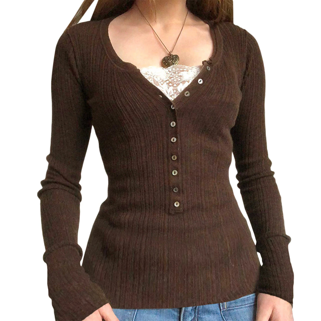 Lomi3 Women's Y2K button up long sleeve knit top with lace detailing